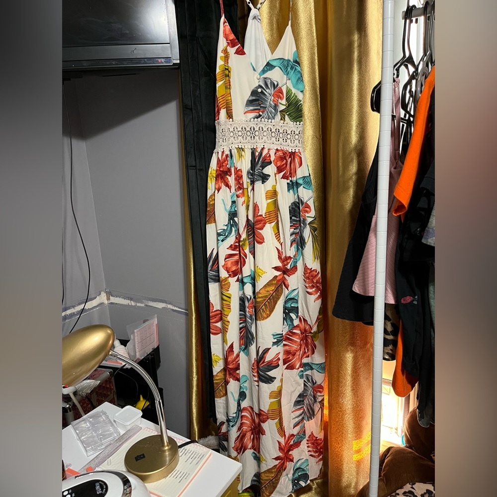 Off white maxi dress w/ colorful floral design